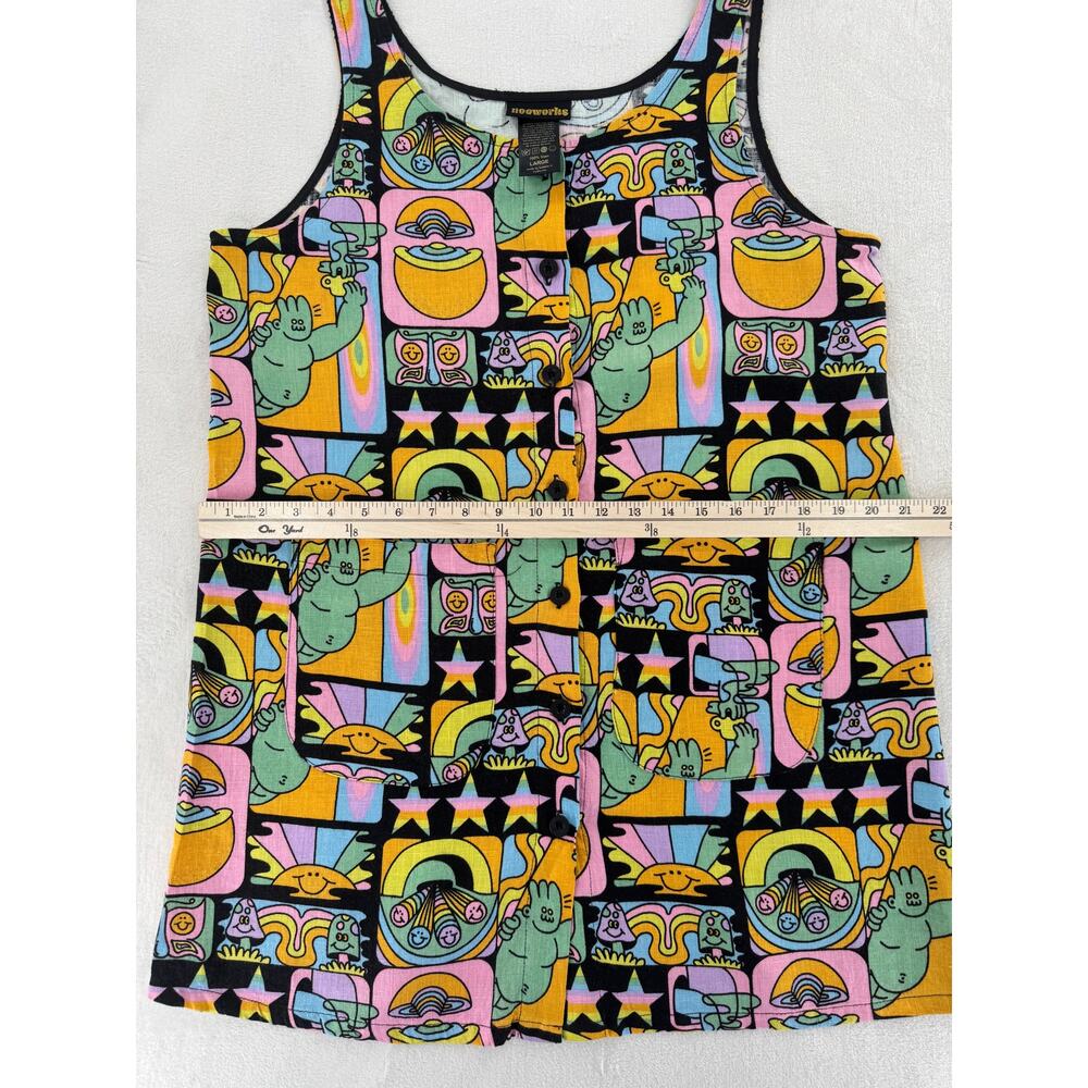 Nooworks Dreyfus 100% Linen Dress Black Rainbow Mushroom Tank Whimsical L - Picture 9 of 11
